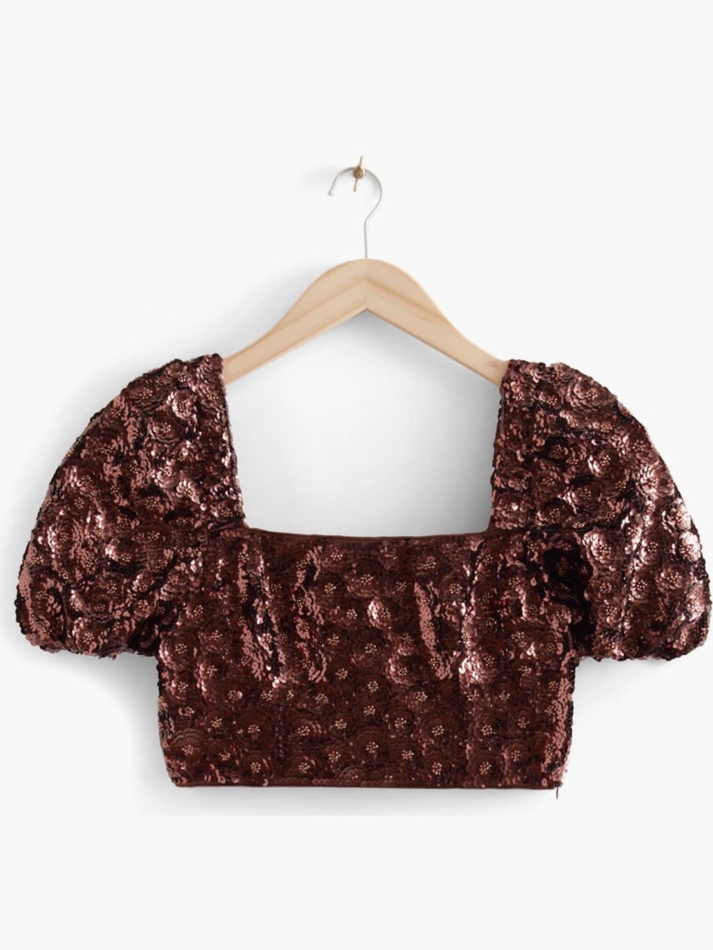NWT size 2 Sequined Puff-Sleeve Square Neck Crop Top - Brown